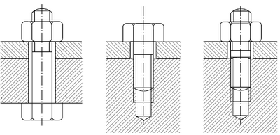 Typowe połączenia śrubowe. Od lewej: śruba z nakrętką, wkręt, śruba dwustronna (szpilka)
