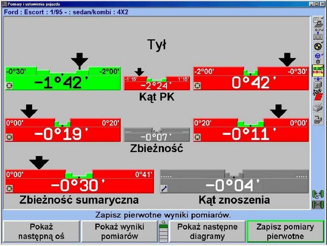 Diagram przedstawiający w systemach Hunter wyniki komputerowych pomiarów zbieżności i kąta pochylenia kół tylnych