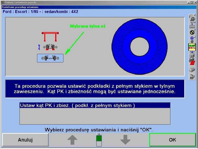 Początek procedury doboru podkładki korygującej zbieżność i kąt pochylenia tylnego koła oraz ustalania jej pozycji