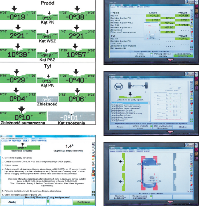 Po kompleksowym sprawdzeniu geometrii wyważenia kół program „podpowiada” kolejne etapy procedury kalibracyjnej