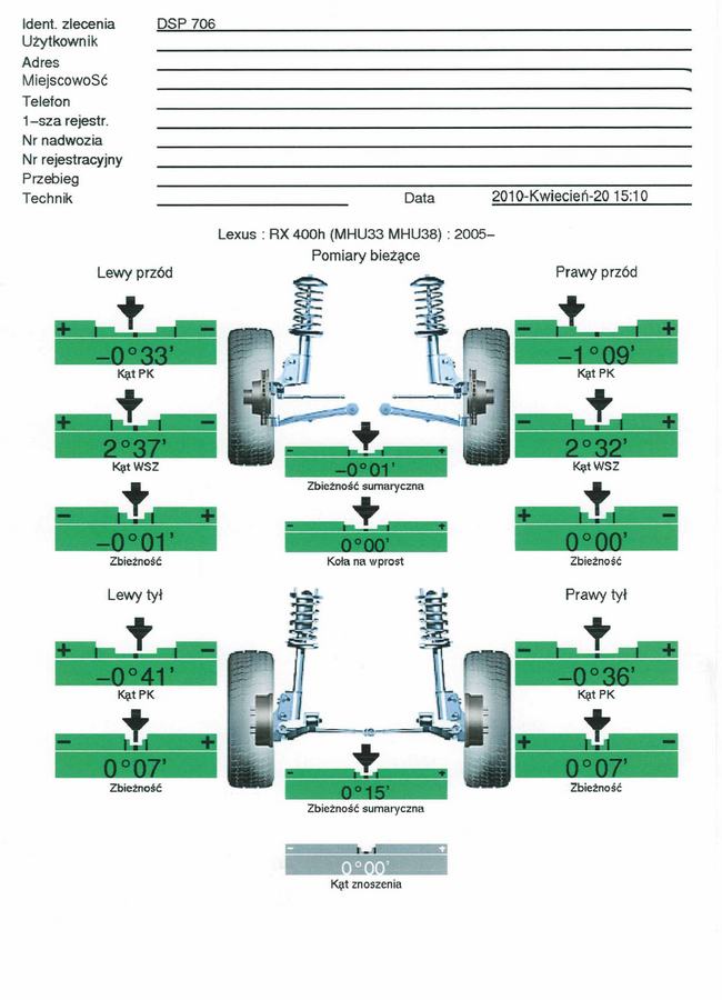 Wydruk pomiarów samochodu Lexus RX 400h (DSP 706)