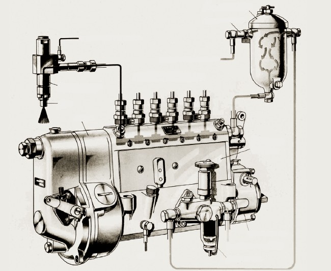 Kompletny system wtryskowy Bosch do silników z zapłonem samoczynnym z roku 1950