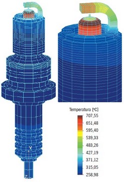 Rozkład temperatur świecy z cienką elektrodą środkową z irydu podczas pracy w silniku VAZ-2108 przy prędkości obrotowej 30001/min