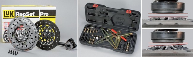Od lewej: zestaw LuK RepSet® Pro 623 3105 33, zestaw specjalnych narzędzi do sprzęgła SAC 400 0237 10, poprawny i wadliwy montaż sprzęgła SAC