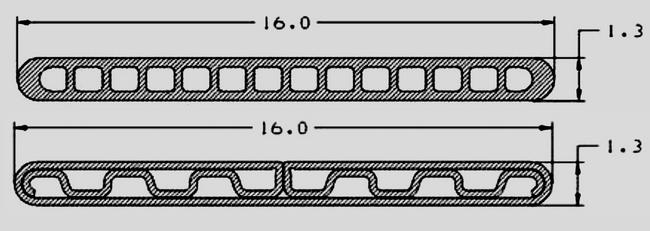 Przekrój wielokanałowego przewodu skraplacza wykonanego tradycyjną metodą wytłaczania (u góry) i w technologii zawijania aluminiowej taśmy