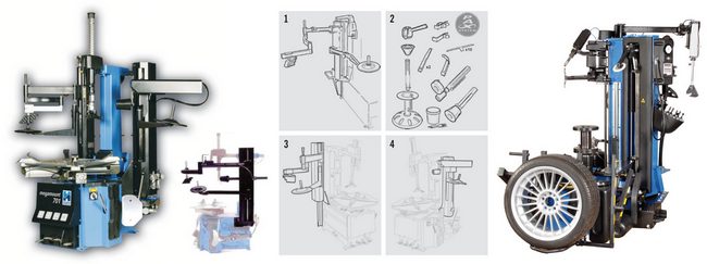 Uniwersalne montażownice Hofmann z wyposażeniem do obsługi kół typu PAX (rys. 1 i 2) oraz run on flat (rys. 3 i 4). Z prawej: najnowocześniejszy model Quadriga z całkowicie automatycznym wyborem funkcji